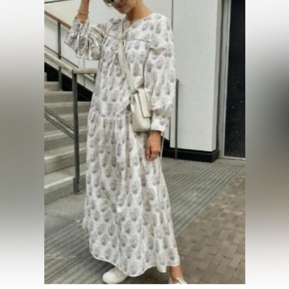 Zara Maxi Dress Block Print Boho Flowy Long Sleeves Floral Cream Blue Pink S - Picture 8 of 16